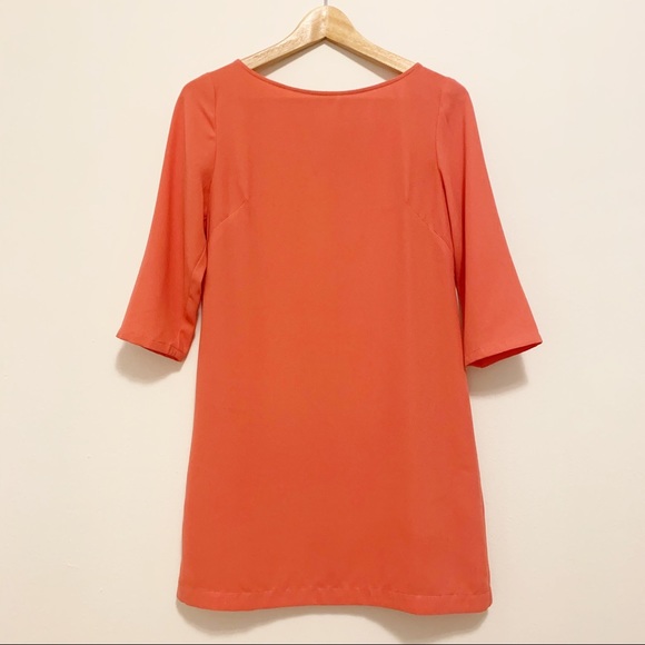 Nordstrom Leith Coral Pink Quarter Sleeve Boatneck Crepe Shift Mini Dress XS - Picture 2 of 7
